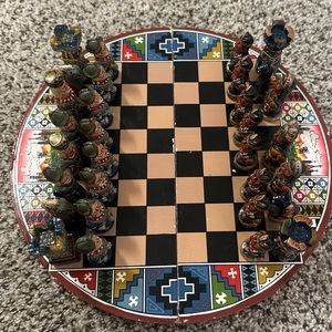 Vintage Handmade Chess Set Aztec Mayan Incas VS Spanish Conquistadors Portable